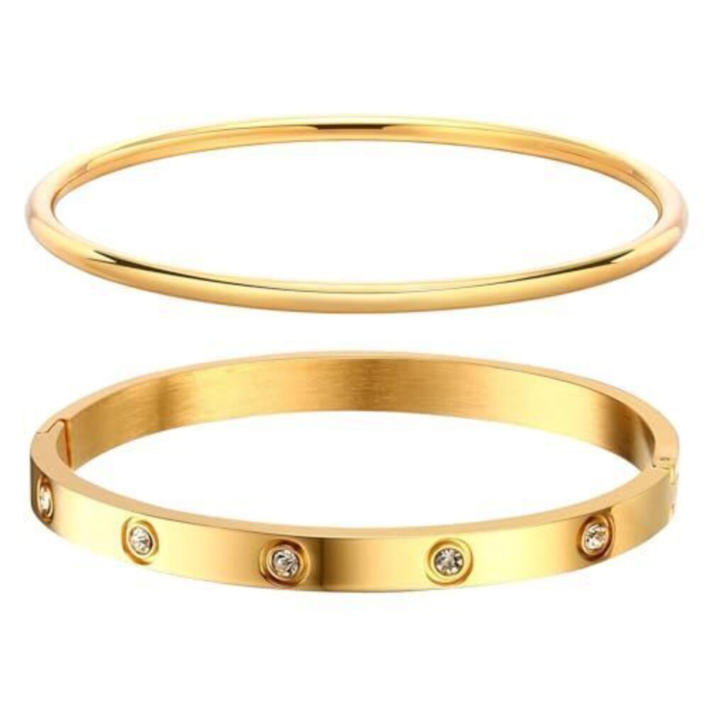 5007 Gold Bracelets , 2Pcs 18K Gold Plated Cubic Zirconia Bangle Crystal